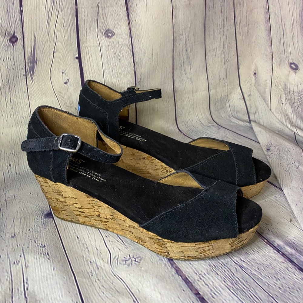Toms Black Suede Open Toe Platform Wedge Size 6